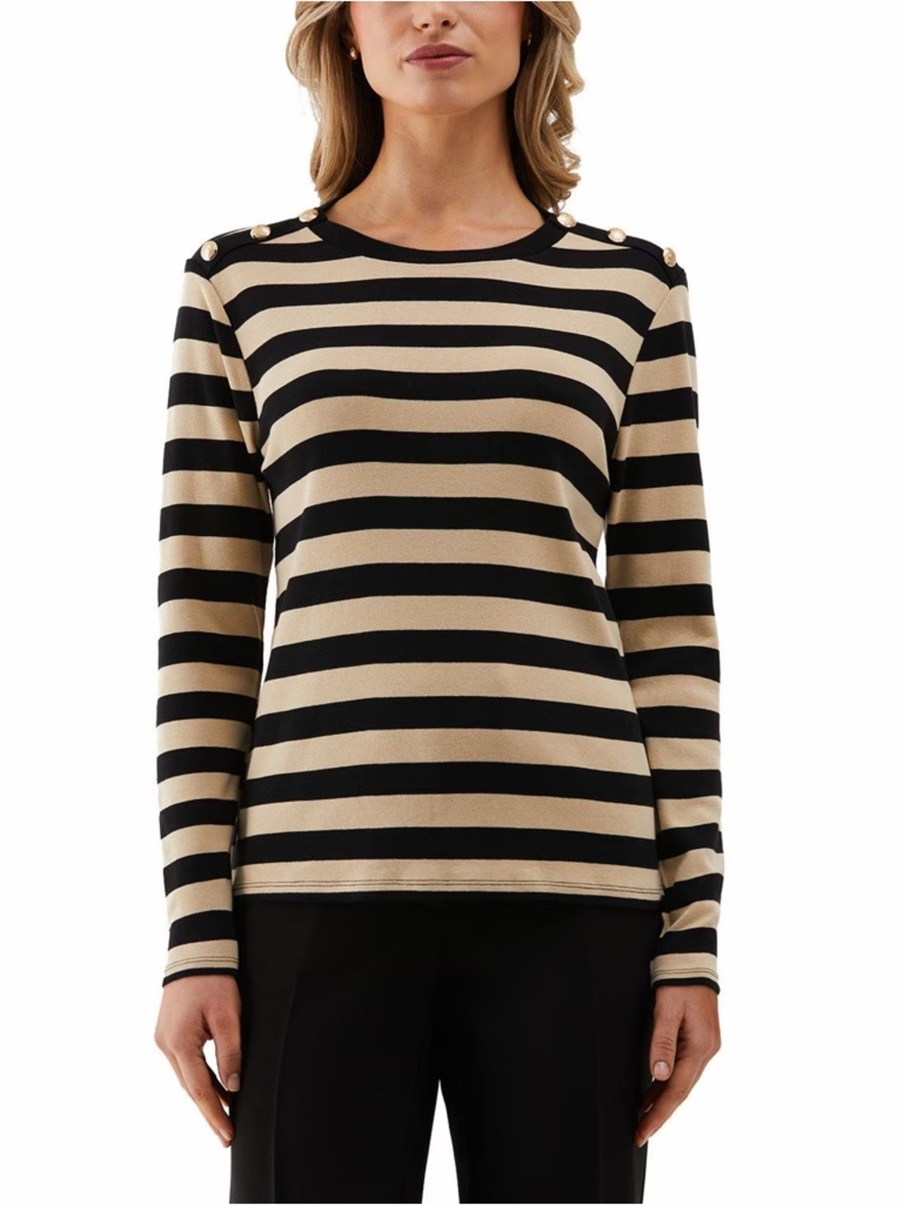 J. Crew Black & Tan Striped Gold Button-Shoulder Perfect Fit Long Sleeve Top
